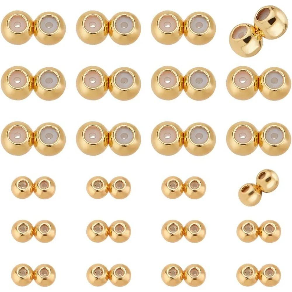 18K Gold Stopper Beads 24pcs Double Hole Beads Silicone Slider Beads Brass Rubber Bead Adjustable Round Bead Positioning