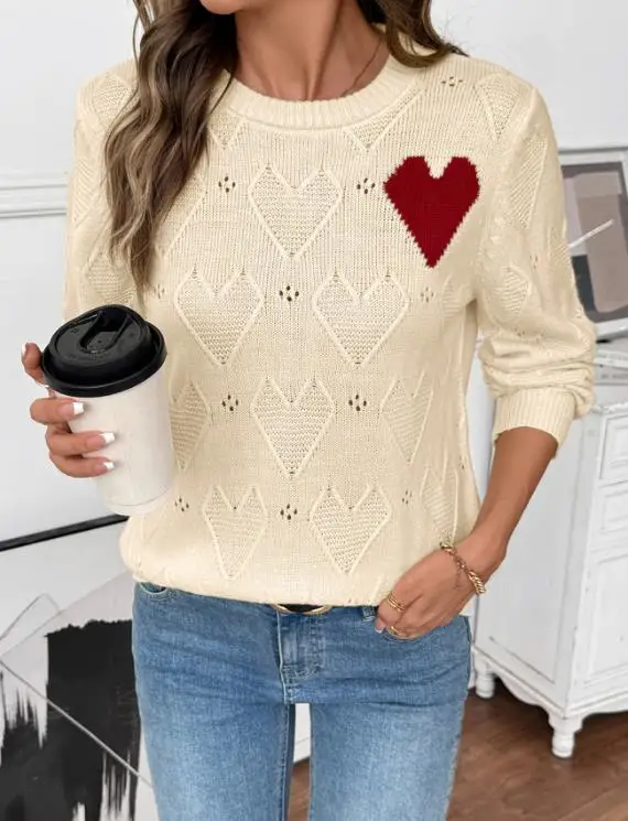 

Autumn Round Neck Contrasting Color Heart Jacquard Knitted Sweater for Women's Casual Simple Hollow Out Versatile Sweater