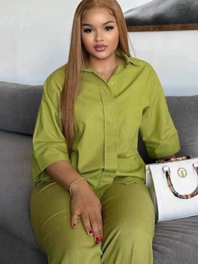 Nowy zestaw damskich spodni z klapami i rozcięciem na dole Casualowa koszula Top + elastyczne kieszenie w pasie Damskie długie spodnie z szerokimi nogawkami 2-częściowy dres