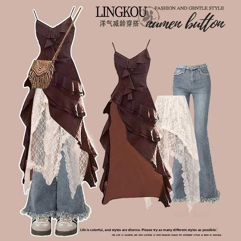 Ensemble en jean rétro grande taille avec dentelle fendue ter Dr et pantalon évasé amincissant t-shirt pièce femme automne Faion Dr