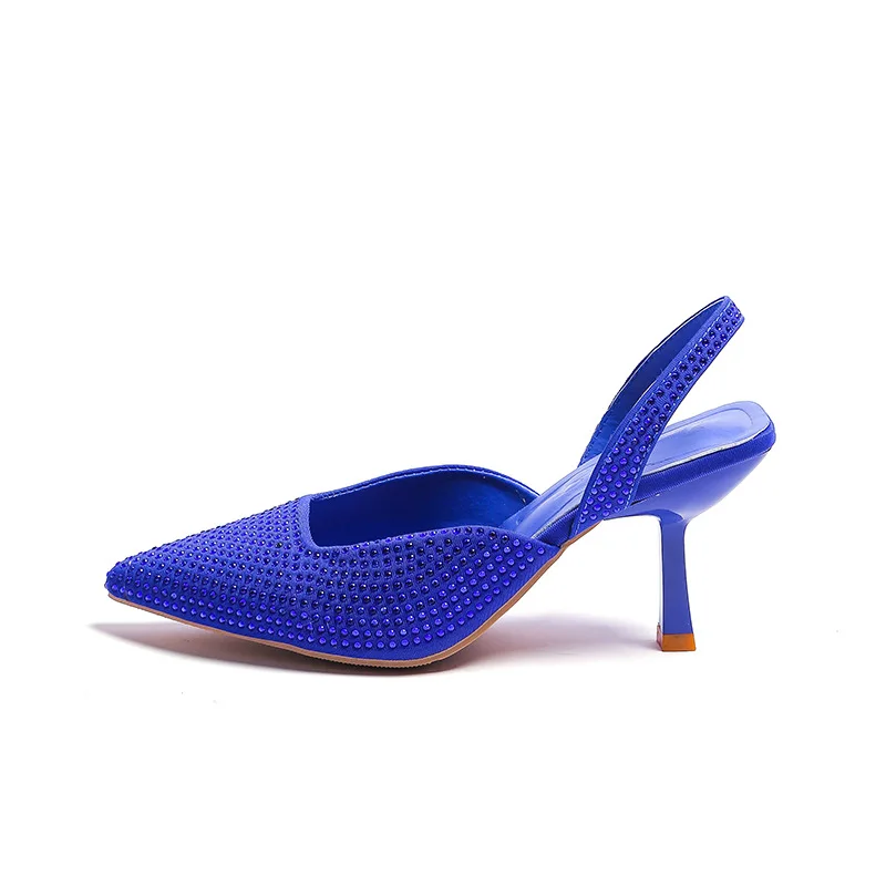 2022 High Quality Ladies Sandals Thin High Heels Pointed Toe Slingback Sandals Ladies Fashion Shiny Crystal Party  Women Shoes