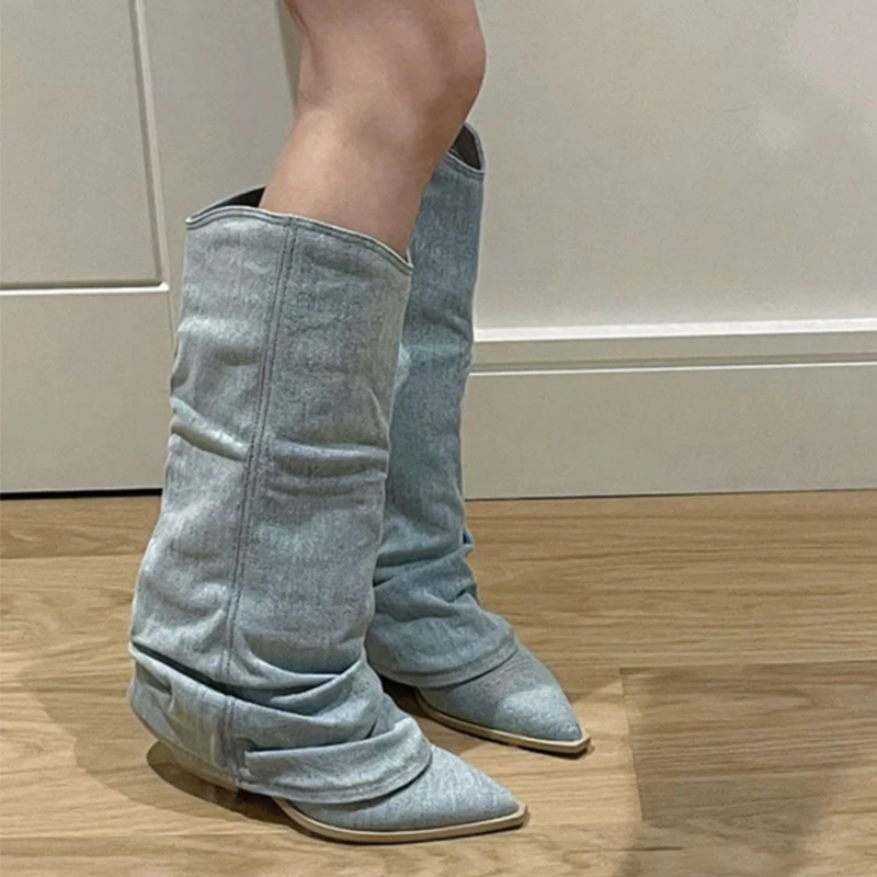 Fashion Pleats Women's High Boots Spring Autumn Pointed Toe Blue Denim Boots for  Women Square Heel Knee High Long Botas Woman