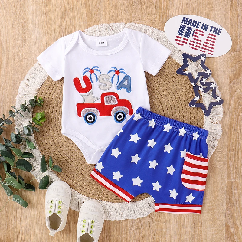 

Boys 4th of July Shorts Sets Short Sleeve Letter Car Embroidery Romper Star Stripe Print Shorts Sets