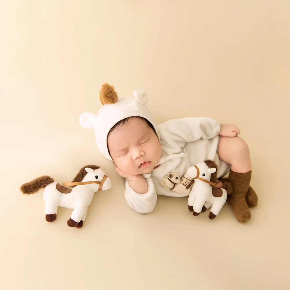 Adereços para sessão de fotos de bebês, tema de pônei, cavalo macio, conjunto de macacão com capuz, bonecas de pônei de pelúcia, adereços de decoração para estúdio de fotógrafos profissionais