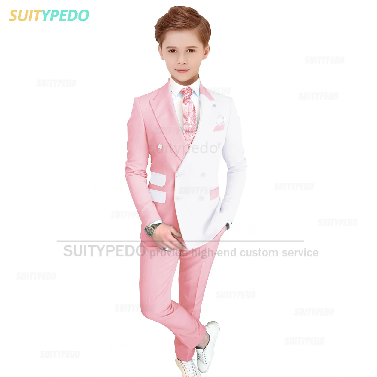 

Boys Formal Suit Set School Party Pink White Splicing Outfits Evening Dinner Child Fashion Double Breasted Blazer Pants 2 Pieces