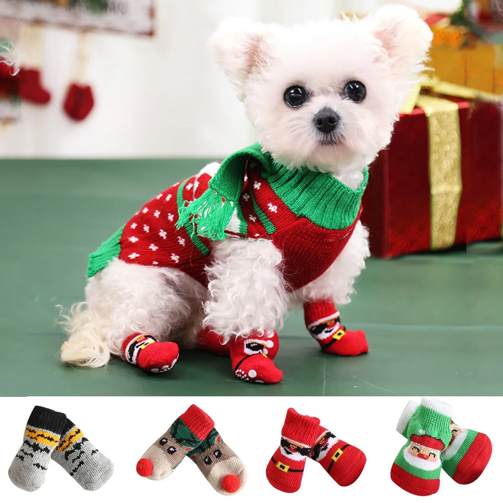 4pcs/Set Dog Socks Christmas Pattern Foot Covers Non-Slip Pet Christmas Socks Set Puppy Knitted Paw Protector Dog Cat Socks