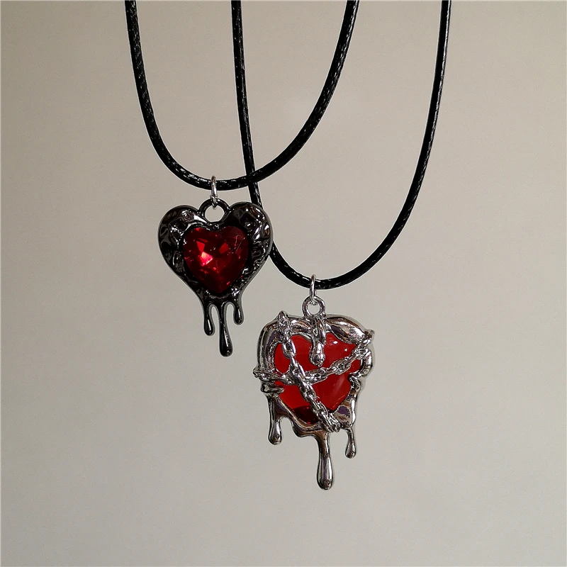 Gothic Red Black Lava Heart Pendant Rope Necklace For Women Men Grunge Halloween Rave Accessories Y2K 90s EMO Aesthetic Jewelry