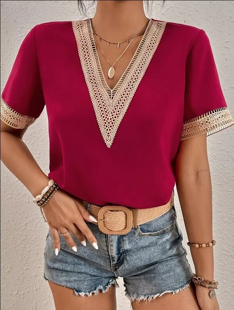 Elegant Blouse Fashion Short Sleeve Tops 2024 Summer V-neck Quilted Female Lace Shirt Commuter Blusas Elegantes Finas Para Mujer