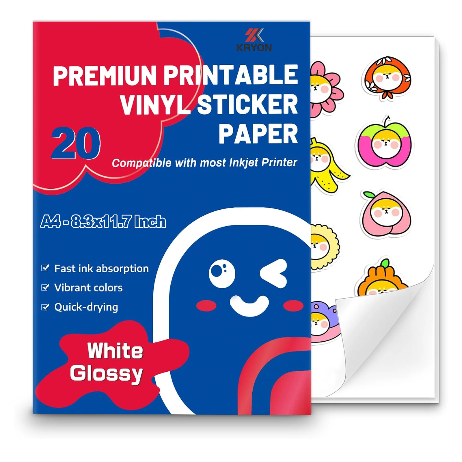 A4 210x297mm Premium Printable Vinyl Inkjet Stickers -20 Sheets Glossy 8.3x11.7 Inch Sticker Paper Suitable for Inkjet Printers