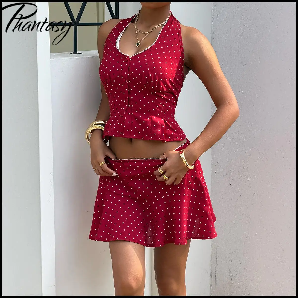 Summer Holiday Women Polka Dot Two Piece Set Halter Neck Button Crop Tank Top Flowy Mini Skirt Vintage Beach Co-ord Outfits