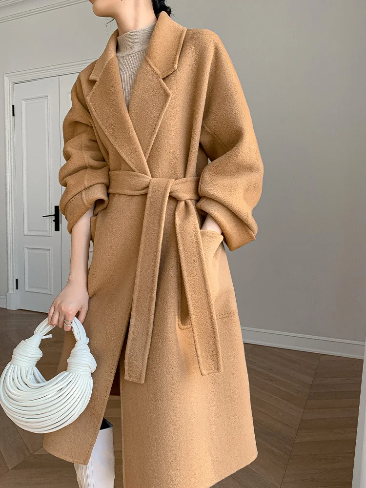 LONGMING Chic Long Woolen Coats Women Winter 2022 100% Merino Wool Overcoat Jacket Fashion Elegant Ladies Autumn Clothing Korean