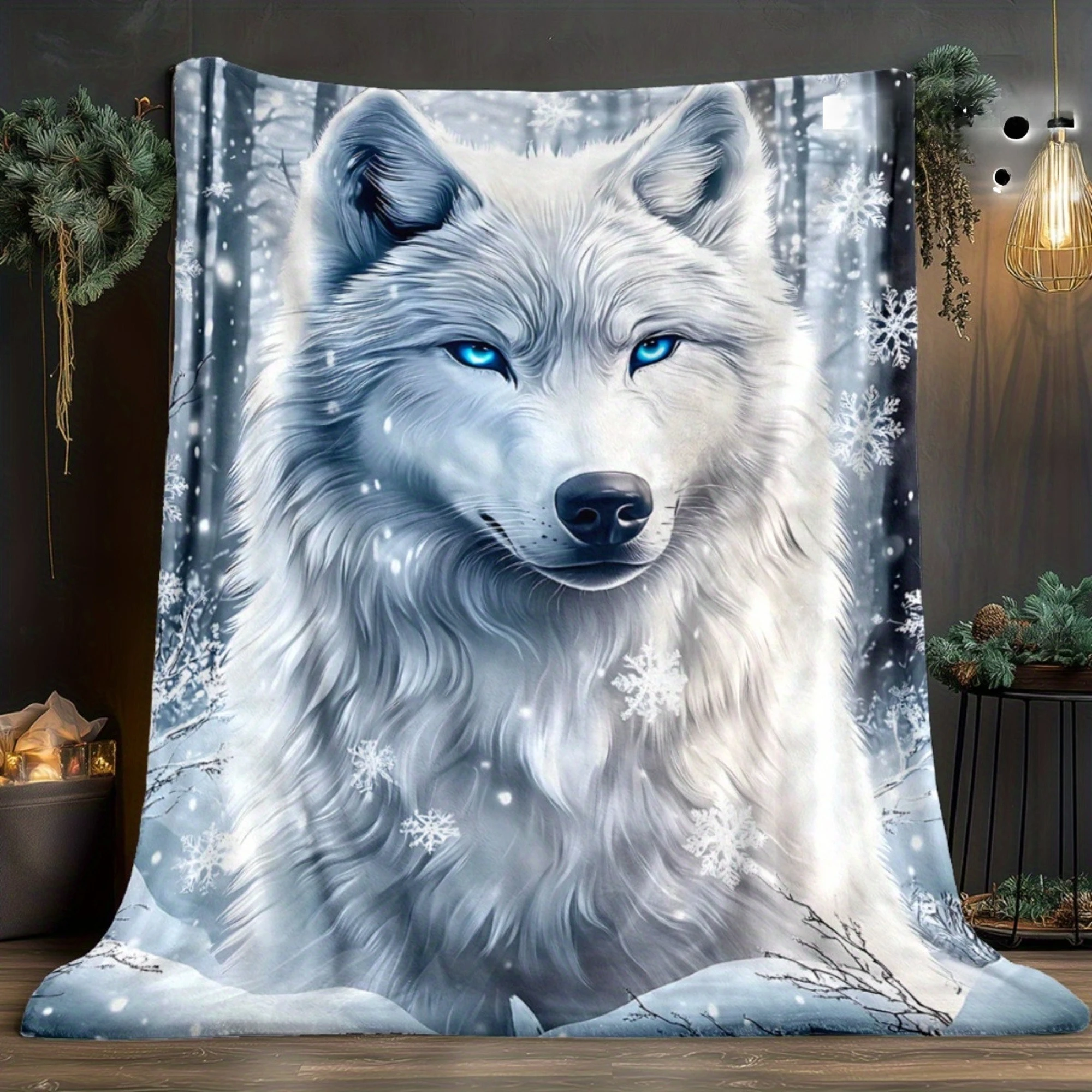 Mystic White Snow Wolf Blanket Winter Forest Blue Eyed Arctic Wolf Flannel Throw Blanket Cool Animal Decor Blanket