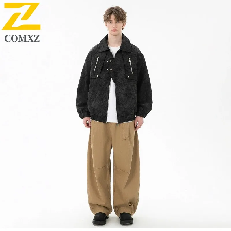 

COMXZ Autumn Mens American Fashion Motorcycle Jacket Minimalist Versatile Stand Collar Leather Jacket Loose