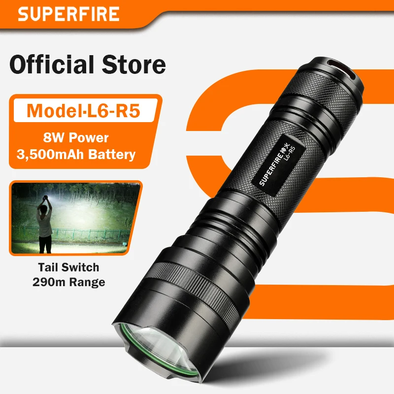 

SUPERFIRE L6-R5 8 Вт перезаряжаемый светодиодный фонарик из алюминиевого сплава, сильный яркий фонарик дальнего действия с батареей 3500 мАч
