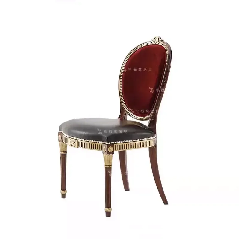 Alexander Solid Wood Dining Chair American Leather Armrest Book Chair Neoclassical Club Round Back Gold Painted Leisure Chair