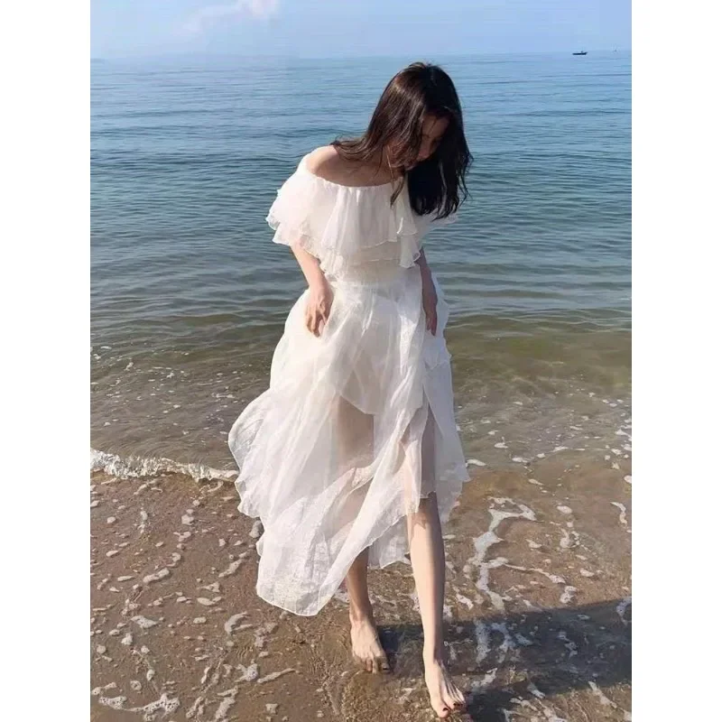 Women's White One Shoulder Dress Women's Summer Travel Outfit Long and Ankle Length Beach Skirt Sexy Dress