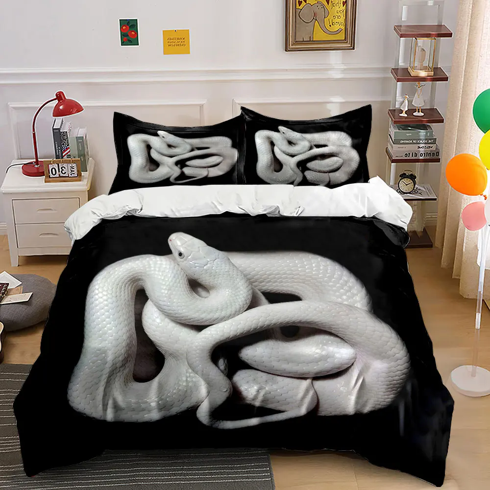 Coiled pure white snake on dark Duvet Cover Set with 3D Printing Design Soft Polyester Bedding Set All-Season Comfort