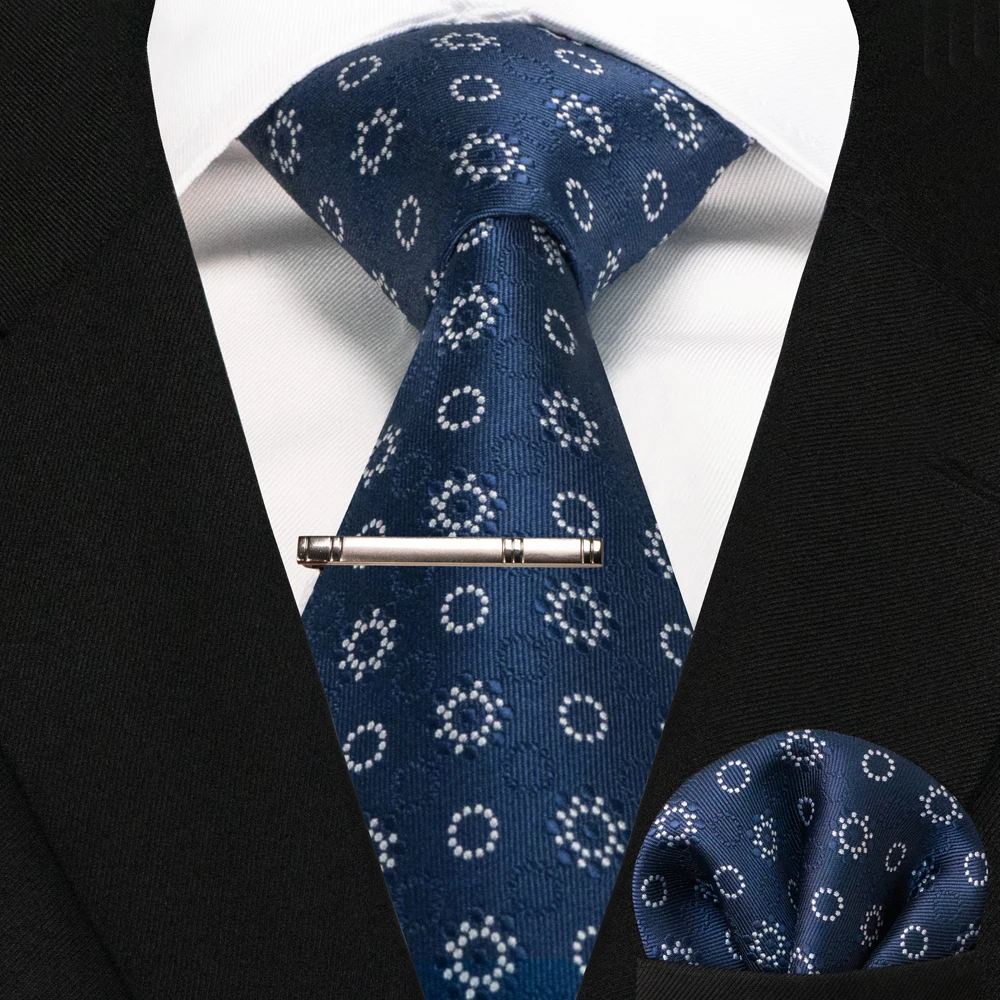 JEMYGINS Business-Krawatte für Herren, Seidenkrawatte in Marineblau, gestreifte Paisley-Krawatte, Einstecktuch, Krawattenklammern, Set für Hochzeit, Party, Geschenk – Detail 24