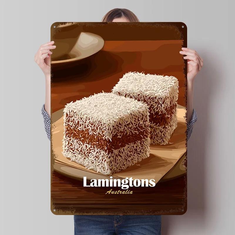 Póster Impreso de Postres Australianos Lamingtons, Arte de Pared Retro Personalizado, Letreros Metálicos Vintage para Decoración del Hogar, Bar y Accesorios