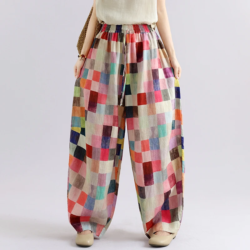 Retro Print Linen Thickened Casual Pants High-End Customization Knife-Shape Arc Design Versatile Comfortable Women's Trousers