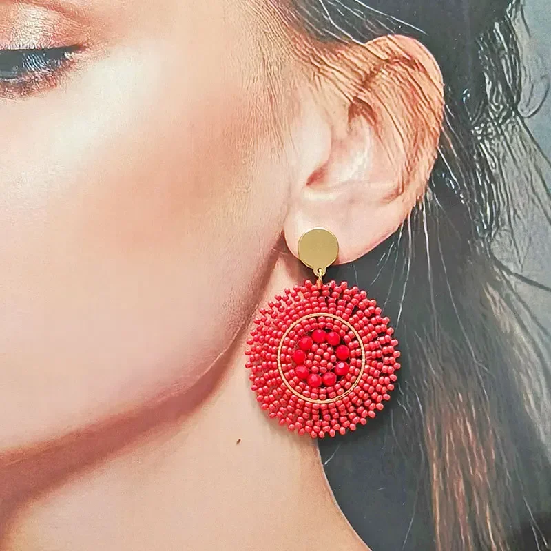 

2025 Handmade Beaded Earrings Roundness Red. Crystal Geometry Originality Hand Knitting Bohemia Beaded Earrings for Women