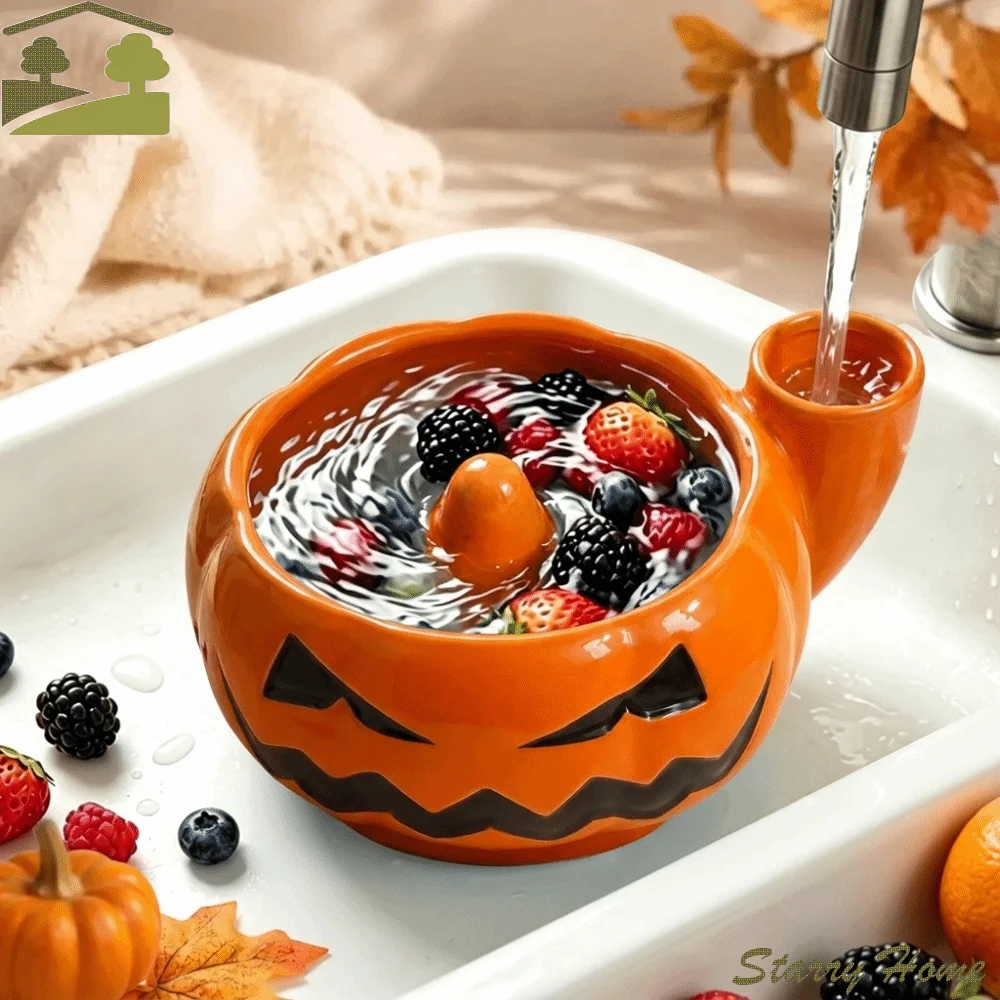 Ceramic Pumpkin Shaped Fruit Washing Bowl Large Capacity Quick Drain Berry Cleaning Basin Self-spinning 360° Rotating