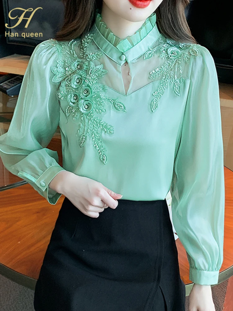 H Han Queen Elegant  Autumn Shirt Embroidery Beads Chiffon Simple Office Blouse Loose Tops Long Sleeve Casual Blouses Women