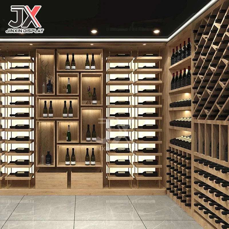 custom.Factory Customized LED Rectangular Red Wine Display Cabinet High-end Club Furniture Promotional Winery Cellar Shelves Liq