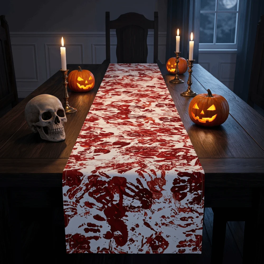 Scary Bloody Halloween Table Runner Blood Stain Red Placemat Gory Handprint Halloween Decorative Tablecloth Halloween Party