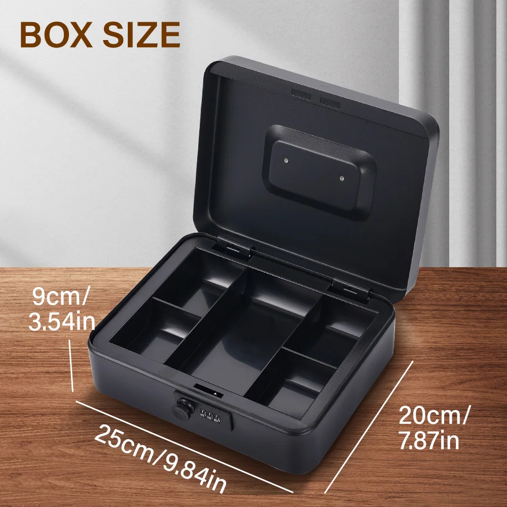 Lockable Metal Safe Box 25x20x9cm Removable Bill Coin Divider Portable Money Storage For Household Small Valuables Organizer