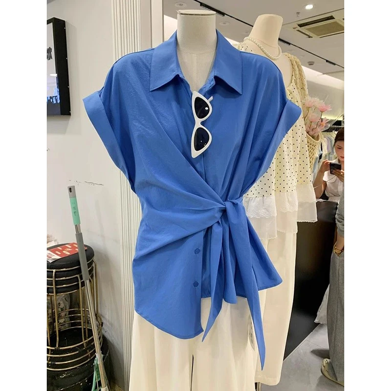 

Women's French Style Lapel Tie-Waist Shirt Drop Shoulder Short Sleeve Summer Casual Blouse