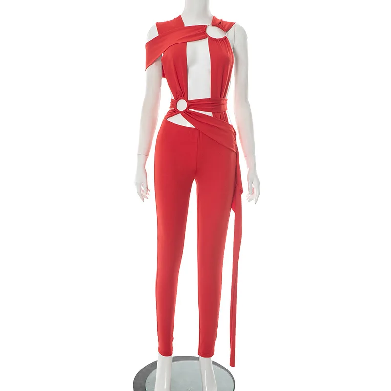 金属リング中空アウトリボンソリッドスキニージャンプスーツ女性のセクシーなストラップクロスノースリーブバックレススリムクラブパーティー全体的なクラブウェア