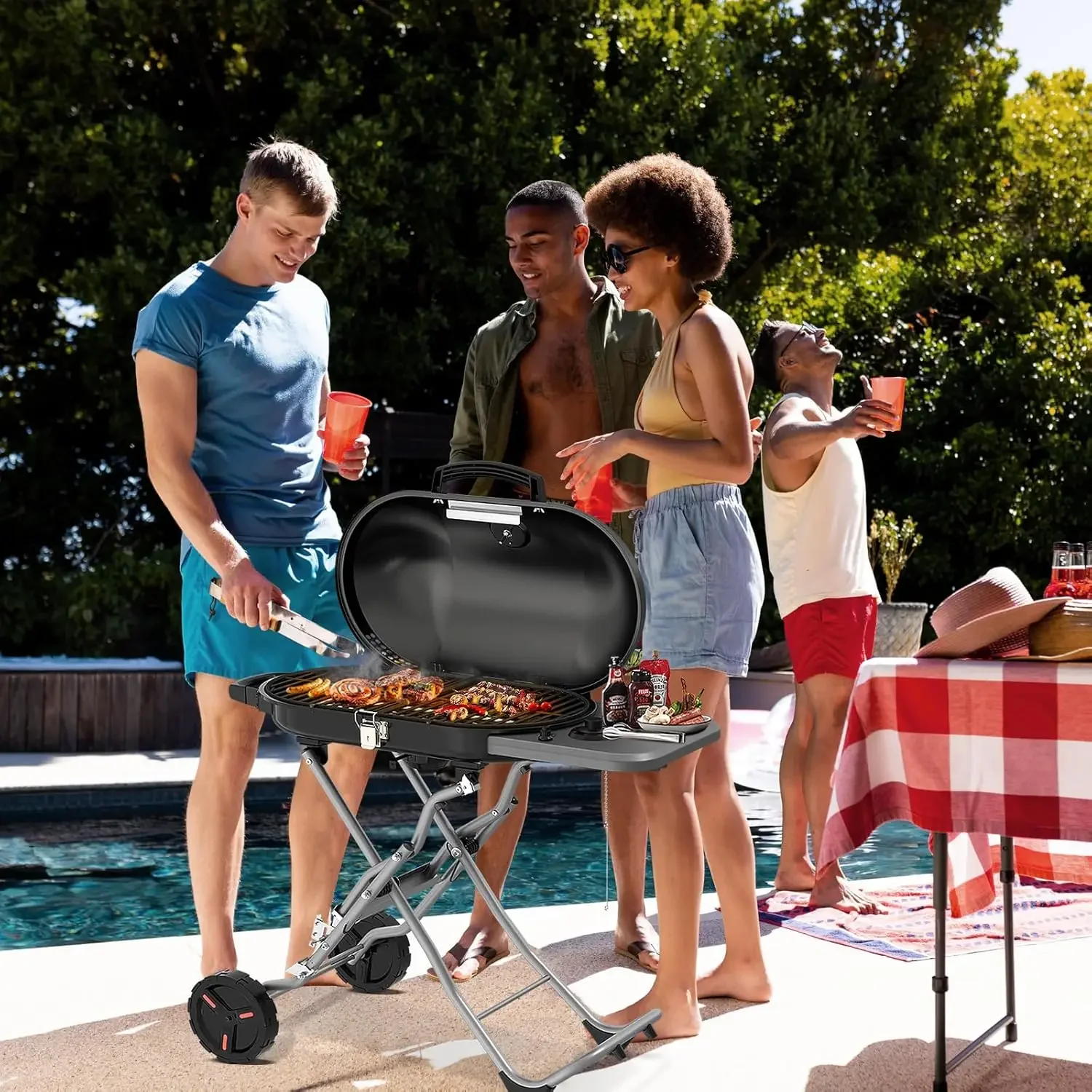 R.W.FLAME Portable Propane Gas Grill, BBQ Grill with Porcelain-Enameled Cast Iron Grates, 406 sq.in. Grilling Areas, 15,000 BTU,