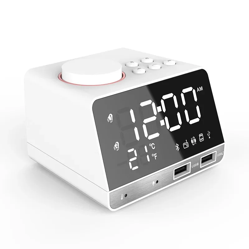 LED Digital Dual Alarm Mirror Clock Wireless Bluetooth Bass Speaker FM Radio+2 USB Charger Ports Music Player Snooze Temperature