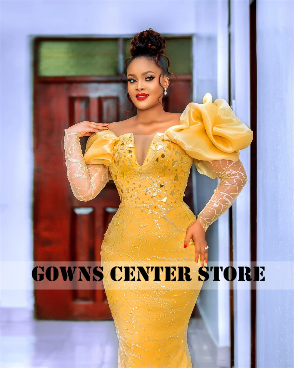 Gold Long Sleeve Aso Ebi Mermaid Evening Dresses African Wedding Dress Sequined Pieces Formal Dress Luxury Beaded Customized