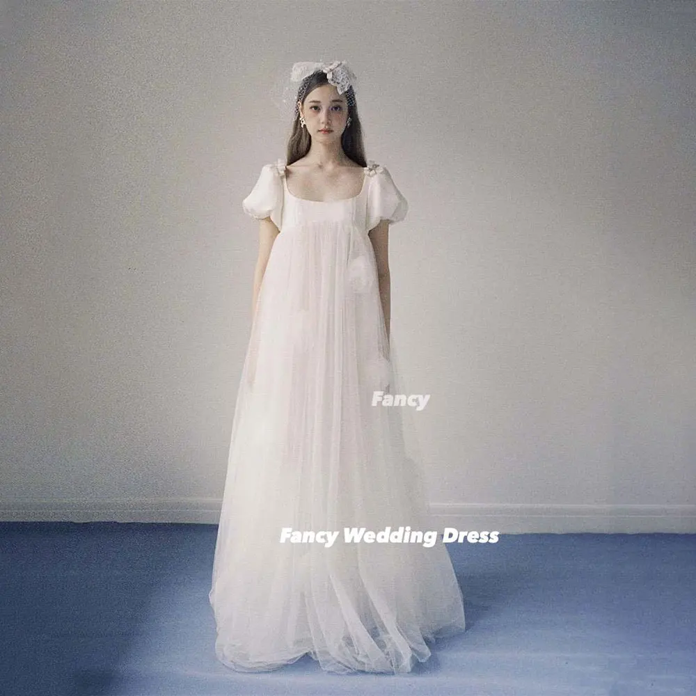 Fancy Fairy Square Neck Wedding Dress Korea Photography A Line Soft Tulle Evening Party Dresses Customized