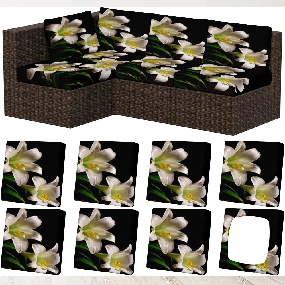 Summer Outdoor Sofa Cover with White Lily Floral Print, Milk Silk Fabric, Pet - Friendly, Washable Without