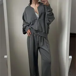 Women Fashion Sweatsuits Pant Sets Lined Zipper Jacket High Waist Pants 2024 Winter Autumn 2-piece Set Women's Loose Outfit Suit