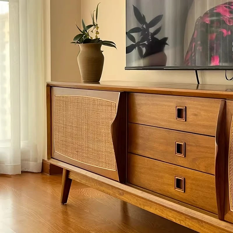 

boxwood TV cabinet solid wood retro wind rattan living room bedroom floor medieval northern Europe