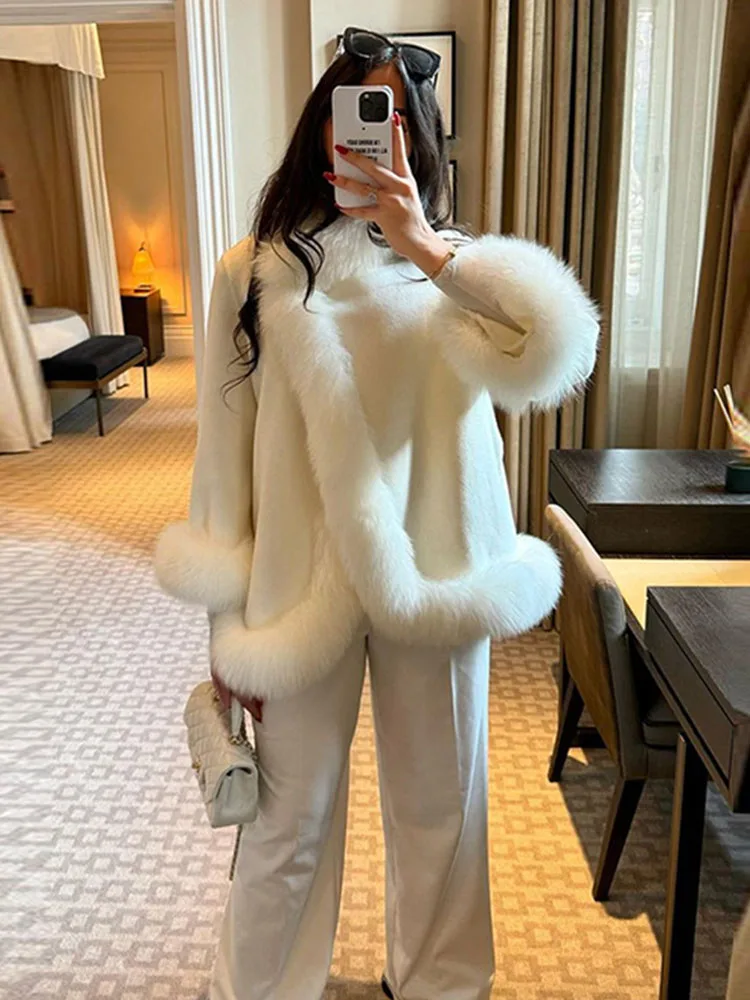ZADORIN Elegant White Woolen Cape Faux Fur Coat Woman Fur Trim Loose Plush Fur Jacket Woman 2025 Winter Fur Faux Coat Outerwears