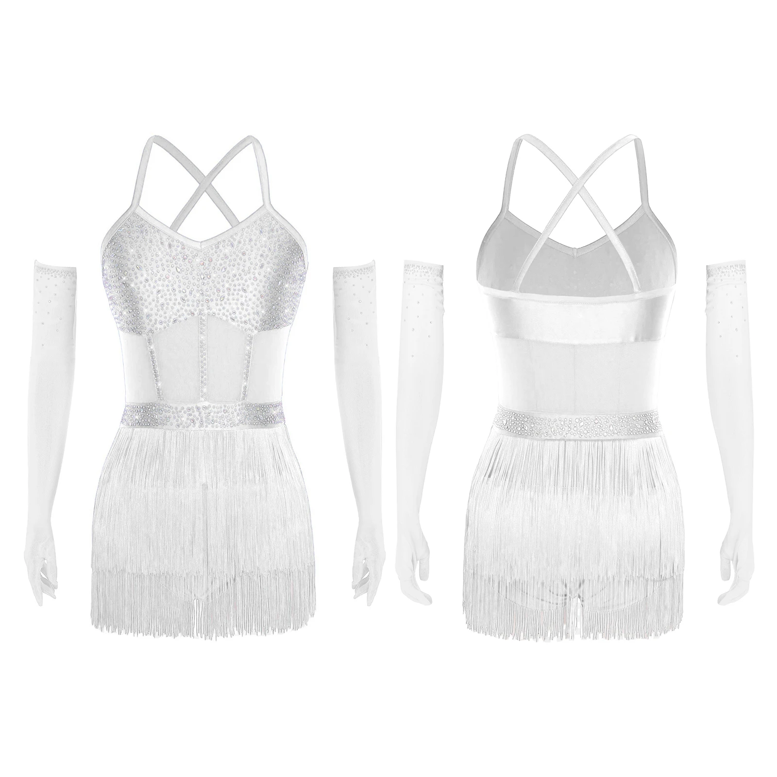 Costume de danse Tango Chacha pour femmes, robe justaucorps Latin à franges en maille transparente avec gants pour Rumba, spectacle de danse de salle de bal Jazz latine
