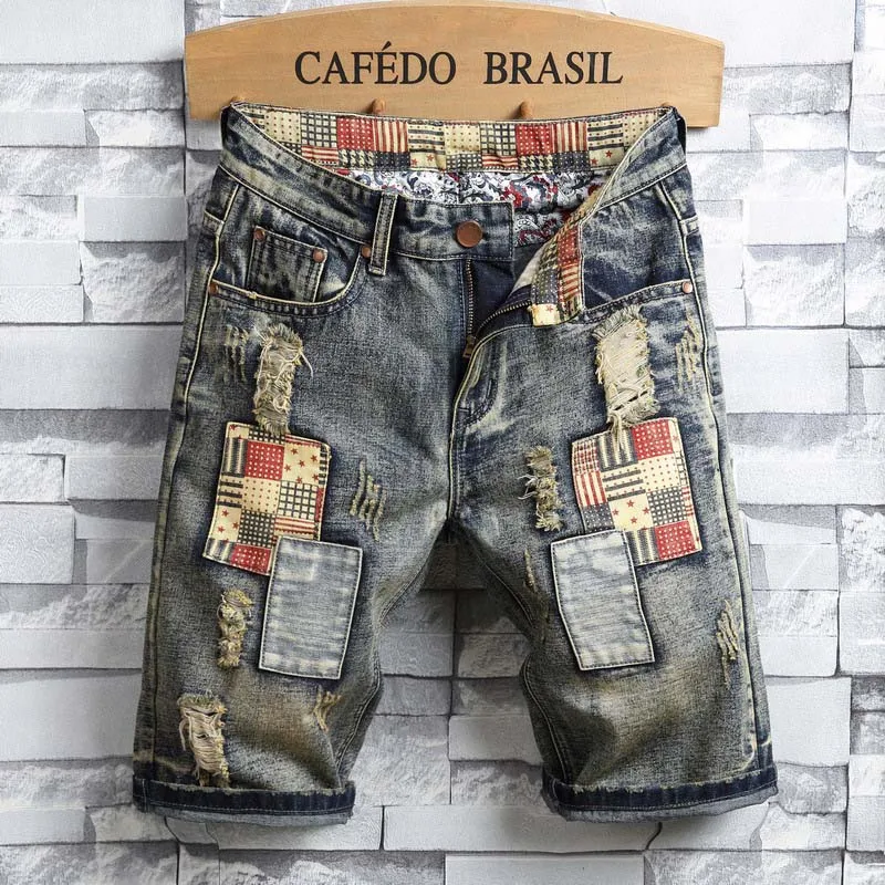 

New Nostalgic Color Men's Denim Shorts Men's Retro Fashionable and Casual with Holes Loose Fitting Straight Leg Men's Shorts