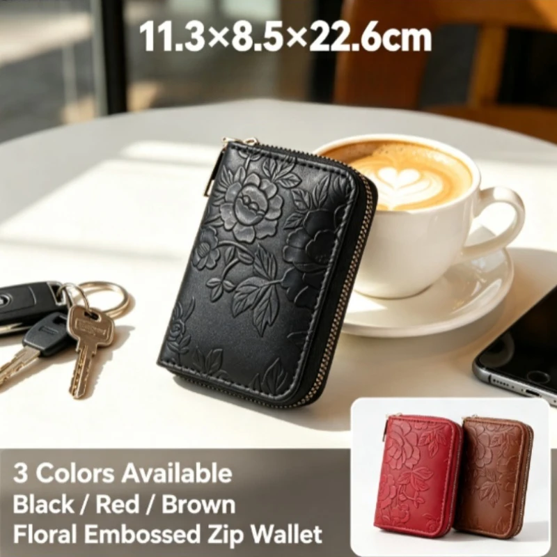 Printed Accordion Card Holder, PU Tri‑Fold Zipper Wallet Large Capacity Multi‑Slots Women Card Clip Coin Purse Bag