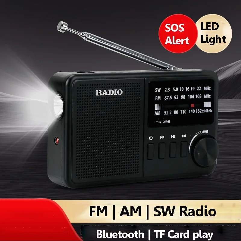راديو FM AM SW محمول SOS تنبيه في حالات الطوارئ راديو استقبال كامل النطاق مع مصباح يدوي سماعة لاسلكية تعمل بالبلوتوث نظام الصوت مشغل موسيقى