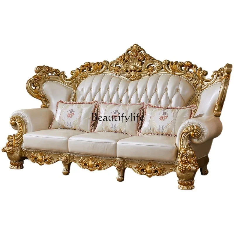 

LEuropean leather sofa, high-end gold first-layer cowhide sofa villa luxury furniture