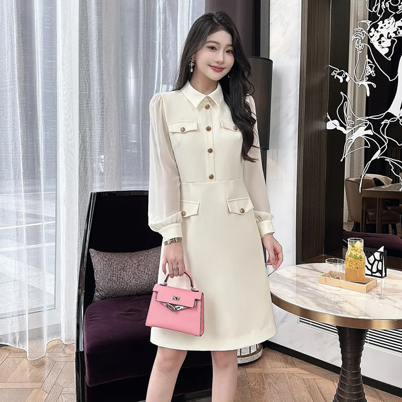 

ZJYT Elegant Designer Autumn Dresses for Women 2024 Long Sleeve Turn Down Collar Solid Brief Casual Dress Female Vestidos New