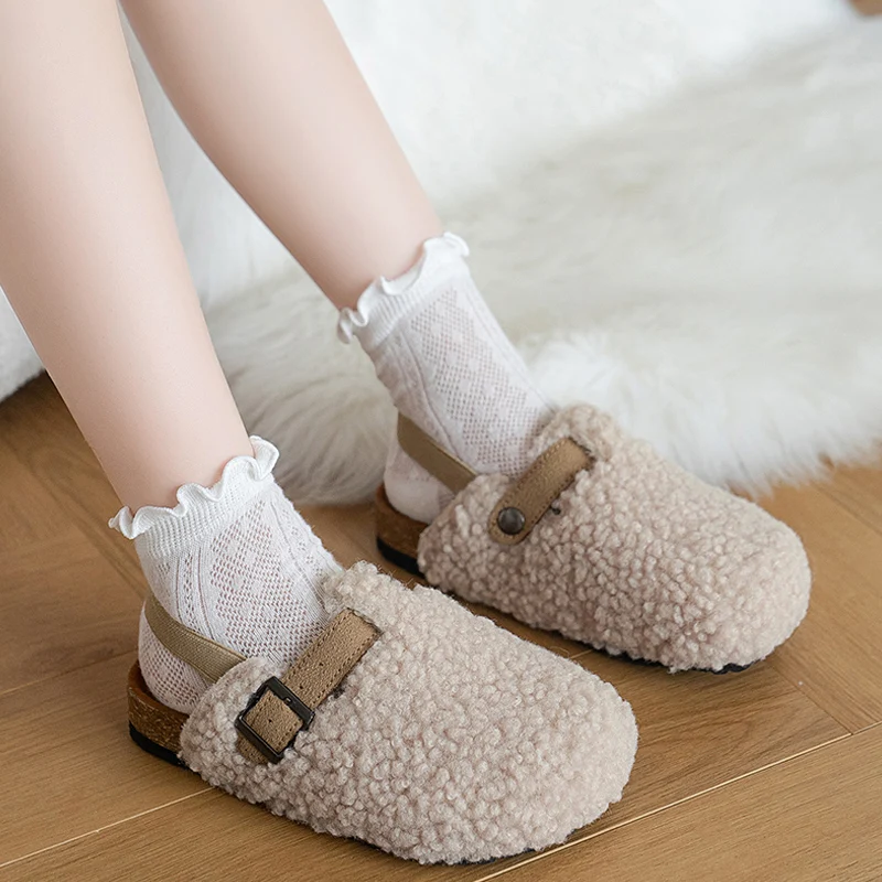 Warm Shearling Birken Clog Sandals For Girls Brand Design Lambswool Mule Slippers Kids Cork Sole Elasic Band Fur Slide Shoes