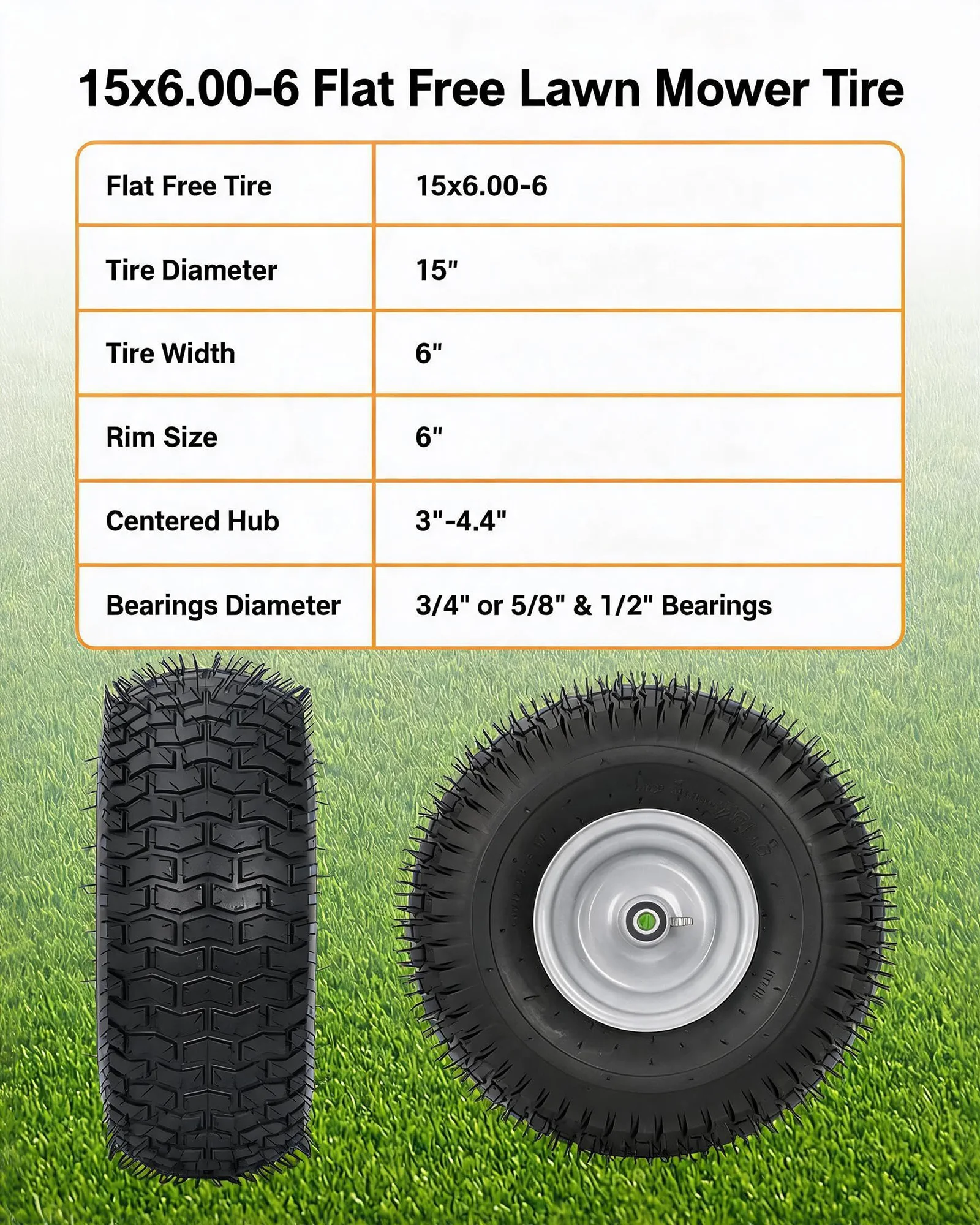 2 Pack 15x6.00-6 Flat Free Solid Lawn Mower Wheels, Zero Turn Front Tire Replacement, 3-4.4 Center Hub, 1/2 5/8 3/4 Bearings Kit