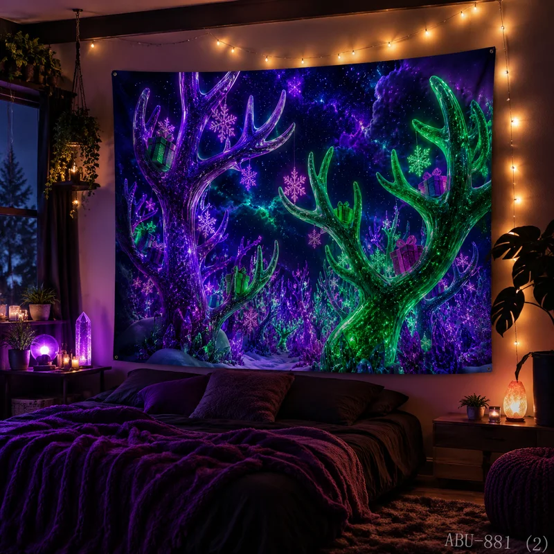 VIKAMA Dual Reindeer Antler Forest Tapestry Xmas Gift Snowflake Starry Sky Wall Hanging Bedroom Dorm Decor Cloth