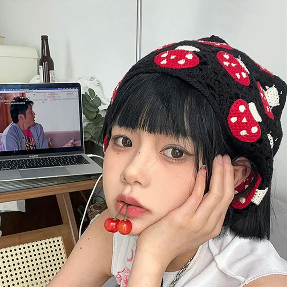 Mushroom Knit Hairband Crochet Cotton Hollow Triangle Bandana Scarf Sweet Cute Headband Turban Headwear